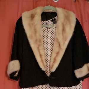 Vintage Black Ribbon Jacket with Mink Fur Collar